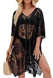 Women's Swimwear Cover-Up for Beach and Pool, Lace V-Neck Swimsuit Dress, Bikini Cover-Up (Black)