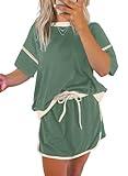 EVALESS Women's Two Piece Sets Summer Outfits 2025 Trendy Loose Fit Short Sleeve Tops Matching Elastic High Waist Short Skirt Ladies Tracksuit Loungewear Set Comfy Work Casual Clothes Green Medium