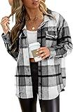 AUTOMET Womens Fall Outfits Fashion Clothes Shackets Flannel Plaid Button Down Long Sleeve Shirts Jackets Grey M