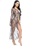 Women's Sexy Sheer Lace Long Robe Lingerie Underwear Sleepwear Gowns with Thong Gray