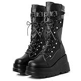 mikarka Womens Holographic Platform Mid Calf Combat Boots Lace Up Wedge Heel Studded Goth Knee High Boots