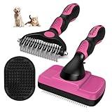 Augwind 3PCS Self Cleaning Slicker Brush & Pet Grooming Rake & Bath Brush for Dogs and Cats | Skin Friendly Deshedding Grooming Tool & Double-Sided Dematting Tool | Premium Pet Supplies (Red Black)