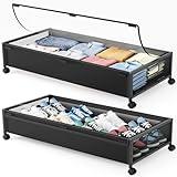 Under Bed Storage Containers with Wheels 2 Pack Underbed Shoe Storage Bedroom Storage Bins Organizer Large Capacity Under Bed Storage with Lid for Clothes Shoes Toys Blankets (Black)