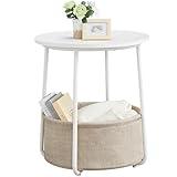 VASAGLE Small Round Side End Table, Modern Nightstand with Fabric Basket, Matte White and Camel Brown ULET223W10