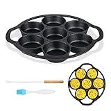 SUNSHNO Cast Iron Biscuit Pan Mini Cake Pan with Handles, Pre-Seasoned Baking Set 7 Cake Baking Tray Maker Pan for Biscuits, Bake Muffins, Cornbread and Scones, Include special steel fork and brush