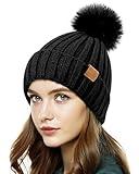 PIOZAED Womens Winter Beanie Hat Fleece Lined Warm Skull Cap with Faux Fur Pom Cuff Knitted Hat for Women Black