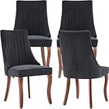 Mid Century Modern Dining Chairs Set of 4, Black Linen Upholstered Kitchen & Dining Room Chairs Set of 4, Dining Table Chairs, Kitchen Chairs with Wood Legs, Sillas de Comedor (Black, 4 Pcs)