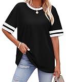 WIHOLL Womens Tops Plus Size Color Block Short Sleeve Black Summer Tops Fashion Oversized T Shirts Resort Wear for Women Spring Outfits for Women 2025 2XL