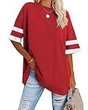 Fisoew Womens Oversized Tees Loose T Shirts Half Sleeve Crew Neck Color Block Cotton Tunic Tops Red