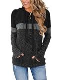 MixShe Womens Sweaters 2025 Color Block Ribbed Knit Hoodie Pullover Long Sleeve Black Gray Darkgray Small