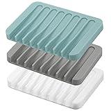 Self Draining Soap Dishes, 3 Pcs Silicone Soap Saver, Waterfall Drainer Soap Holder for Bathroom, Extend Soap Life, Keep Soap Bars Dry Clean & Easy Cleaning (White, Gray, Teal)