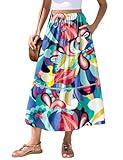 WeciBor Flowy Maxi Skirts for Women with Pockets, Cutout Patchwork Colorful Floral Cluster Design for Casual or Chic Looks, Size L