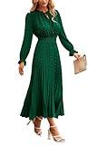 PRETTYGARDEN Women's 2024 Fall Midi Dress Casual Long Sleeve V Neck Swiss Dot Pleated A Line Flowy Dresses (Dark Green,Large)