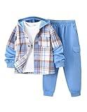 Fdqin 2Pcs Kids Boys Flannel Plaid Shirt Tops Pants Set Hoodie Sweatsuit for Fall Winter Spring Outfits Blue 7-8Year