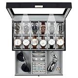 GUKA Watch Box 12 Slot Watch Display Organizer Leather Jewelry Case Drawer Glass Birthday for Men Women, Child Husband Dad GK-012BKGREY-LED-24