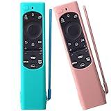 Compatible with Samsung Smart TV Remote 2022 BN59 Remote with Solar Panels Silicone Cover, Anti-Fall Shockproof Silicone Protective case with Lanyard(Mint Green+Pink)