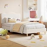 GarveeHome Upholstered Twin Size Bed Frame for Kids with Scallop Headboard, Cute Velvet Twin Bed for Girls, Boys, Sturdy Platform Bed, No Box Spring Needed, Wooden Slats, Noise Free, White