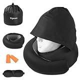 Vzpeun Travel Pillow - Hooded Neck Pillow Airplane, Memory Foam Pillow for Plane, Office, Cars Sleeping, Long Flight Must Haves, Road Trip Essentials Accessories for Adults (Black)