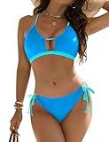 Blooming Jelly Womens Bikini Two Piece String Cheeky Swimsuits Curvy Cutout Swim Suits 2025 (L, Colorblock Blue)