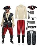 Spooktacular Creations Men Pirate Costume, Adult Beige Pirate Shirt Vest Viking Pants Hat Accessories Set for Halloween Themed Trick or Treating Cosplay Parties (Large)