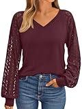 AUTOMET Womens Long Sleeve Shirts V-Neck Lace Tops Business Casual Blouses Tee Trendy 2024 Fall Fashion Outfits Clothes WineRed M