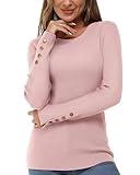 Newshows Women's Fall Outfits Cozy Lightweight Long Sleeve Knit Crew Neck Button Stretch Casual Pullover Sweater Tops(Deep Pink,Small)