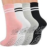 Toes Home Pilates Socks for Women with Grippers, Non Slip Yoga Crew Socks for Barre Hospital Exercise Workout Sticky Athletic Slipper Socks 4 Pairs