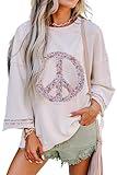 KevaMolly Womens Long Sleeve Tops Floral Peace Symbol Drop Shoulder Sweatshirt Crewneck Casual Pullover Top Jet Stream-L