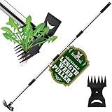 Runpig Weed Puller Tool with Long Handle - 58" Manual Weeder Remover Tool, 2 in 1 Hand Weed Rake and Garden Hoe for Gardening, Heavy Duty Uprooting Weeding Pull for Yard, Lawn, Patio and Garden