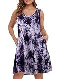 BELAROI Women Plus Size Sundress Summer Casual Sleeveless Tshirt Dress Tie Dye Scoop Neck Swing Tank Dresses with Pockets Beach Cover up(3X,T12-Dark Purple)