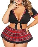 Avidlove Plus Size Lingerie for Curvy Women Sexy Cosplay Lingerie Set Halloween Costumes Sexy School Girl Outfits with Mini Skirt (Black,16 Plus)