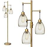 Dimmable Floor Lamp, Industrial Floor Lamps for Living Room, Antique Brass Tree Lamp Standing Lamp Tall Lamps with 3 Elegant Teardrop Cage Head & 800 Lumens LED Bulbs for Living Room Bedroom Office