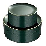 PULOTE 100PCS Green Plastic Plates - Green Disposable Plates With Gold Rim - Include 50 Pieces Dinner 10.25inch,50 Pieces Dessert 7.5inch for Party&Christmas