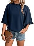 EVALESS Womens Clothes Dark Blue Ruffled Sleeve Tops for Summer Lady Flowy Shirts with Batwing Sleeves High Neckline Plus Size Tops Blouses Chiffon Fabric Clothes Vacation Party Wear 2025, XX-Large