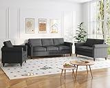 ZAFLY 3 Piece Living Room Sofa Set, 3-Seat Sofa Couch and Loveseat & Chair Furniture Set, Sectional Sofas with Armchair, Gourd Shapes Wood Legs Couches Sets for Living Room/Home/Apartment - Dark Grey