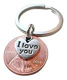 I Love You Heart Charm Layered Over 2014 Penny Keychain, 10 Year Anniversary, Couples Keychain