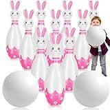 Foilswirl 12 Pcs 26 Inch Bunny Bowling Set with 10 Plastic Bowling Pins and 2 Plastic Balls Inflatable Easter Games and Toys for Girls Boys Indoor Outdoor Party Event Family Holiday Activity