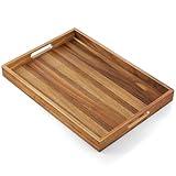 17 Inch Acacia Wood Serving Tray with Handles - Large Wooden Tray for Ottoman, Breakfast in Bed, Dinner, Coffee Table - Decorative Rectangular Tray for Living Room Bedroom Entryway and Kitchen