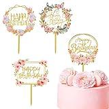 4 Pcs Happy Birthday Cake Decoration,Acrylic Flower Cake Toppers for Various Birthday Party Anniversary Cake Pastries Decorations (Gold)