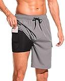 SILKWORLD Mens Swim Trunks with Compression Liner Swimming Shorts Quick Dry Bathings Suits with Cargo Pockets (Grey, X-Large)