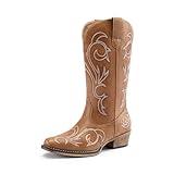 DREAM PAIRS Women's Cowboy Boots Mid Calf Cowgirl Boots Square Toe Chunky Heel Embroidery Stitched Western Boots,Size 9,Tan,SDMB2403W
