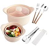 LemonRoad Microwave Silicone Steamer Food Grade with Stainless Steel Table Tongs and Tableware Microwave Rice Vegetable Pot with Handle & Lid, Easy to Clean, Dishwasher Safe, Beige