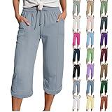 Daily+Deals+of+The+Day+Prime+Today+only Summer Capris for Women Cotton Linen Pants Casual 2025 Loose Comfy Trendy Elastic Waist Cropped Trouser Beach Clothes Grey Womens Pants Casual L