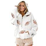 Xunger Women's Football Sequin Hoodie Half Zip Long Sleeve Rugby Patches Game Day Hooded Sweatshirt(0888-White-XL-RD)