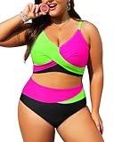 Tempt Me Plus Size Two Piece Swimsuit - Green Pink Black Women High Waisted Bikini Set Tummy Control Bathing Suits 16 Plus