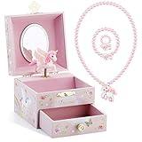 RR ROUND RICH DESIGN Kids Musical Jewelry Box for Girls with Drawer and Jewelry Set with Mysterious Unicorn - Over the Waves Tune Pink