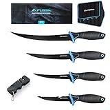 FLISSA Fillet Knife Set, Boning Knife & Bait Knives with Sharpener, Protective Sheath, Belt Clip, Non-Slip Handle, Portable Pouch & Corrosion Resistant Coating Blade, for Fresh or Saltwater (4-Piece)