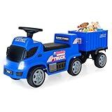OLAKIDS Kids Ride On Push Car, 2 in 1 Foot-to-Floor Sliding Truck with Detachable Trailer, Steering Wheel, Headlights, Music, Alarm Sound, Toy Walker Gift for Toddlers Age 1.5-3 Boys Girls (Blue)