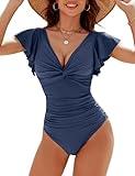 Blooming Jelly Womens Tummy Control Swimsuit Retro One Piece Bathing Suits V Neck Ruffle Modest Swimwear(Large,Haze Blue)