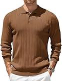 COOFANDY Mens Polo Sweater Long Sleeve Casual Textured Knit Stretch Pullover Sweaters Fall Winter Brown